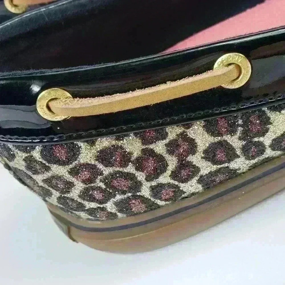 Sperry Top Sider Boat Shoes Sparkly Leopard Brown Black Raw Hide Lace Size 7.5M - Picture 11 of 16